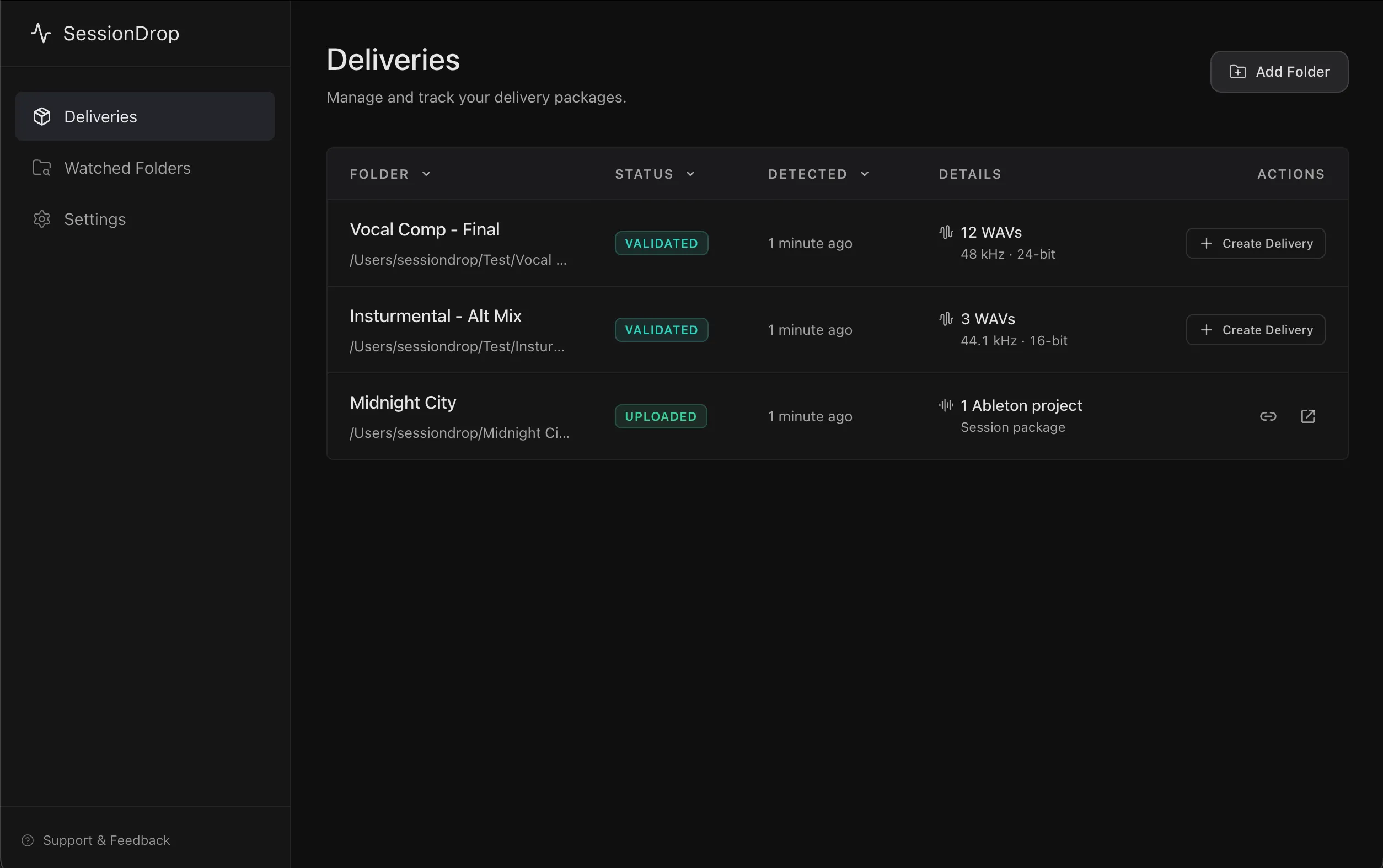 SessionDrop macOS app showing clean stem deliveries